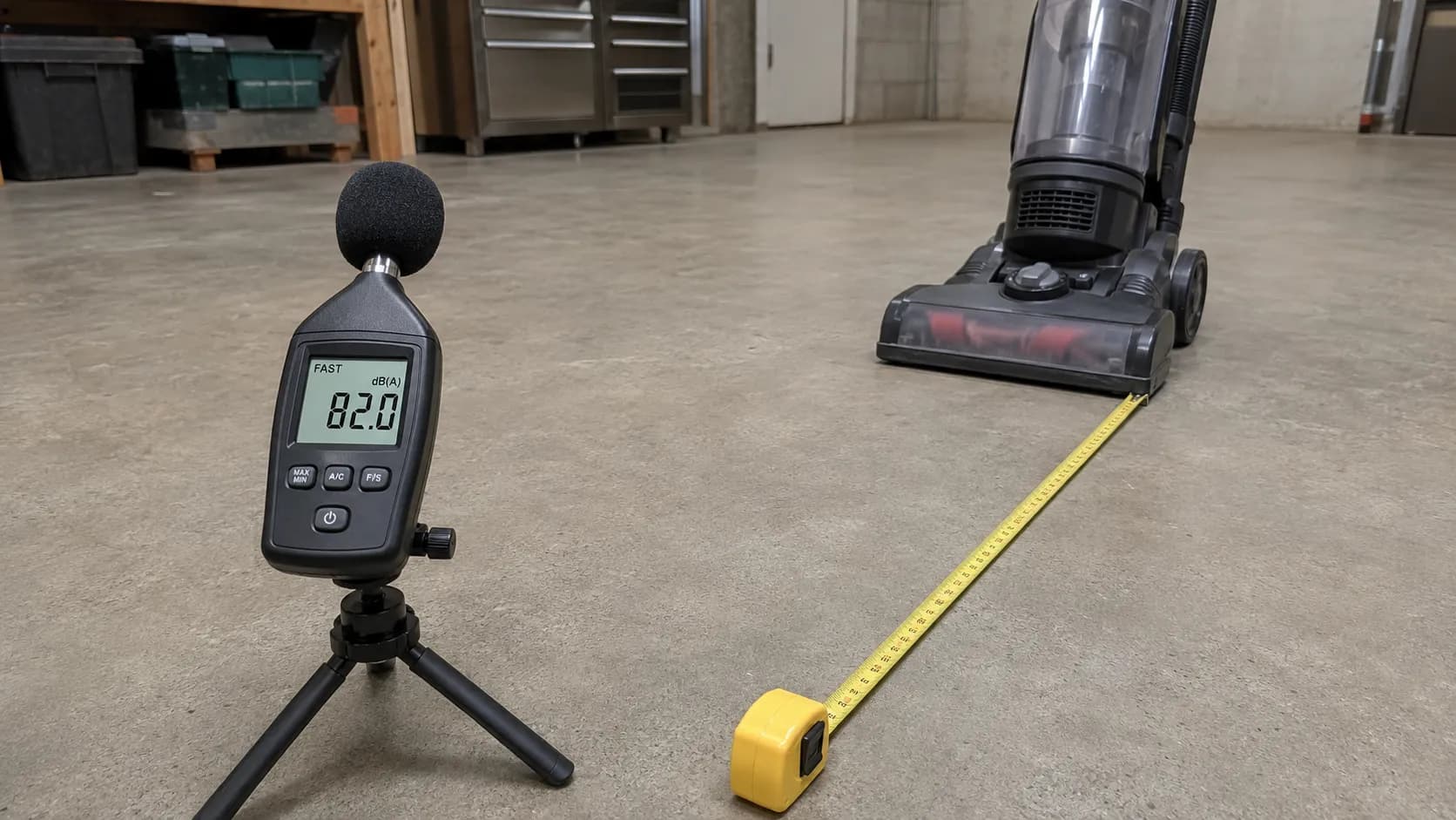 Sound level meter on a tripod measuring 82 dB(A) one metre from a running upright vacuum fitted with a seized-bearing cleaning head.