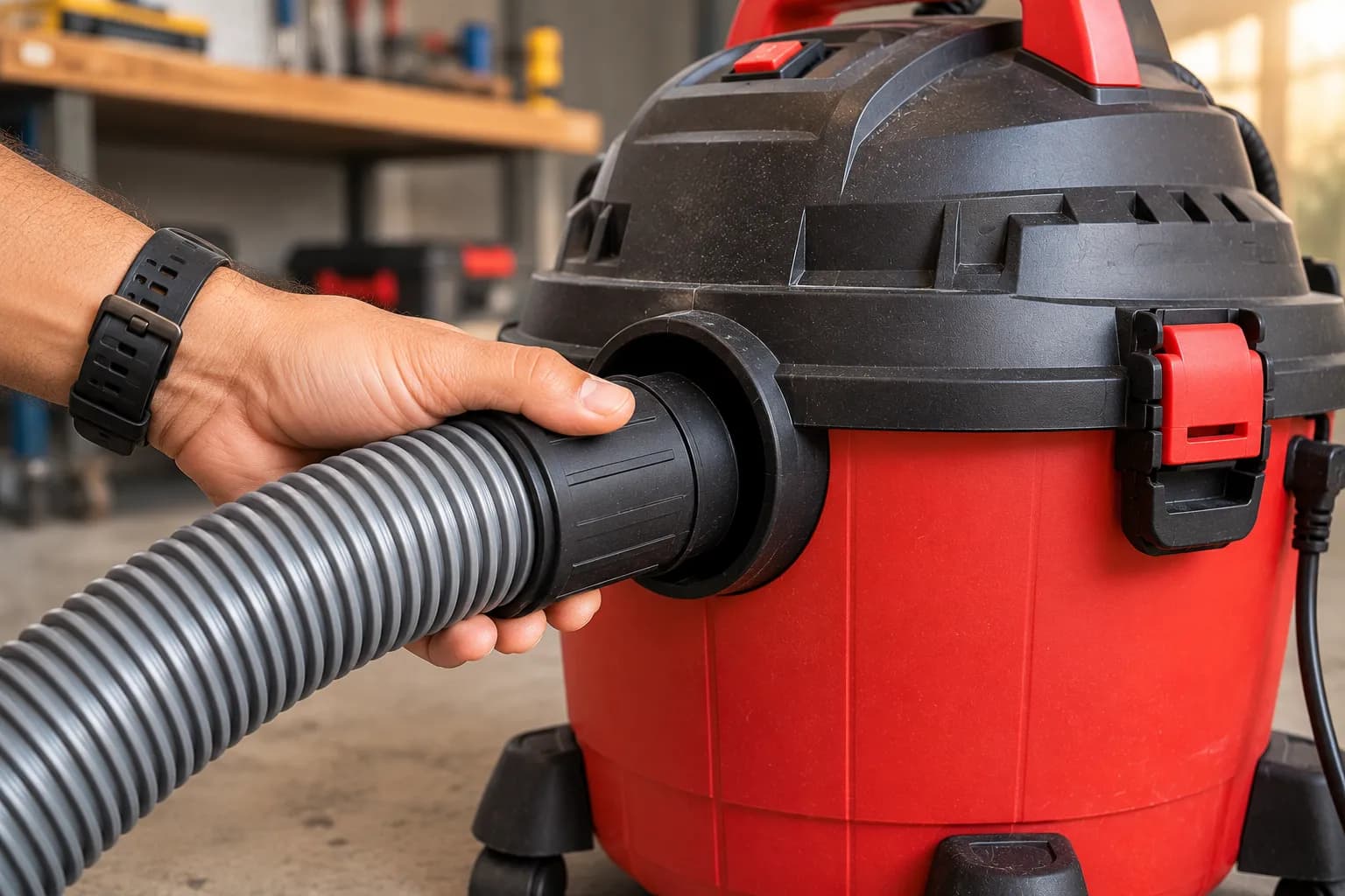 hose connected to the shop vac blower port for blow mode