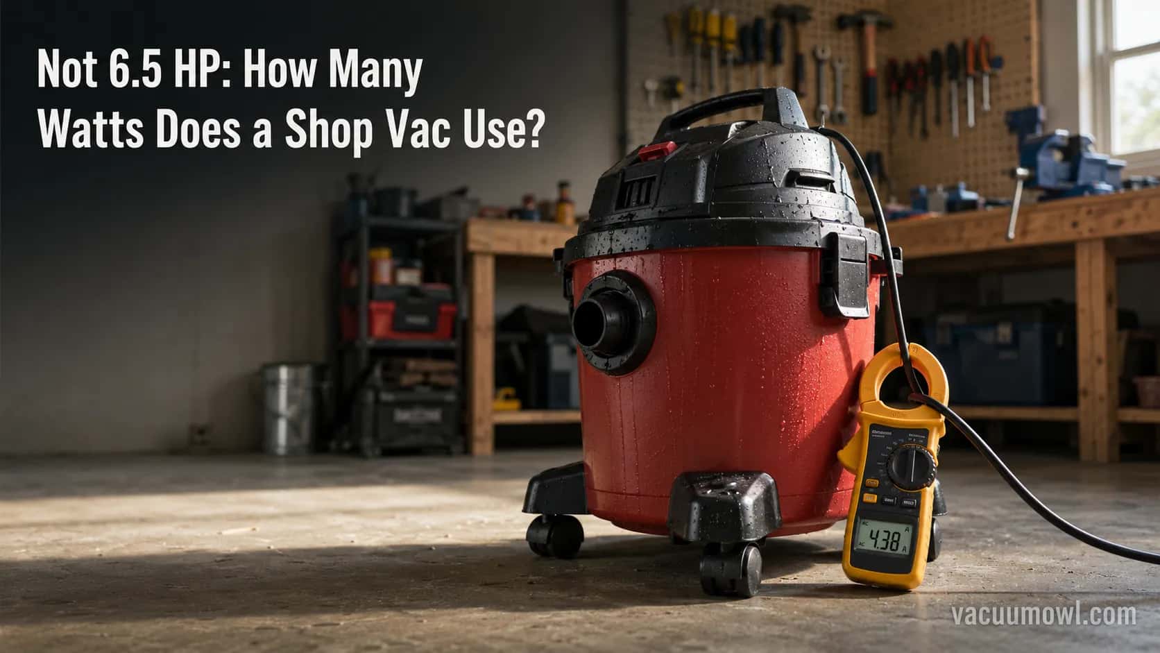 Shop vac beside a clamp meter measuring how many watts a shop vac uses