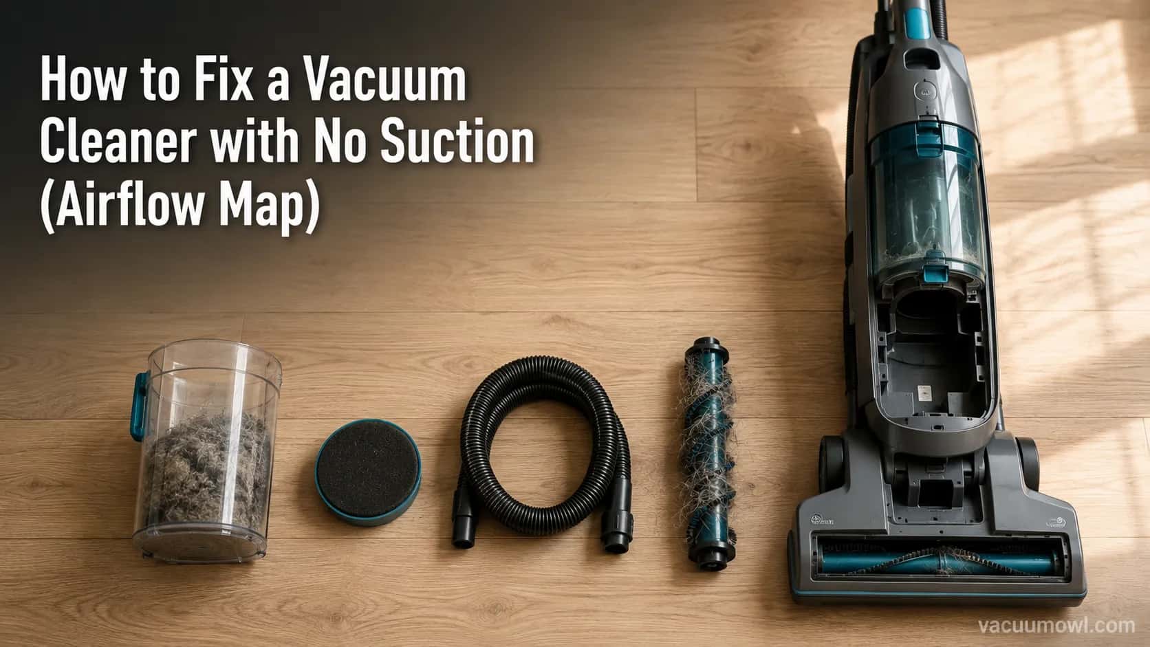 vacuum cleaner parts laid out along the airflow path to fix no suction