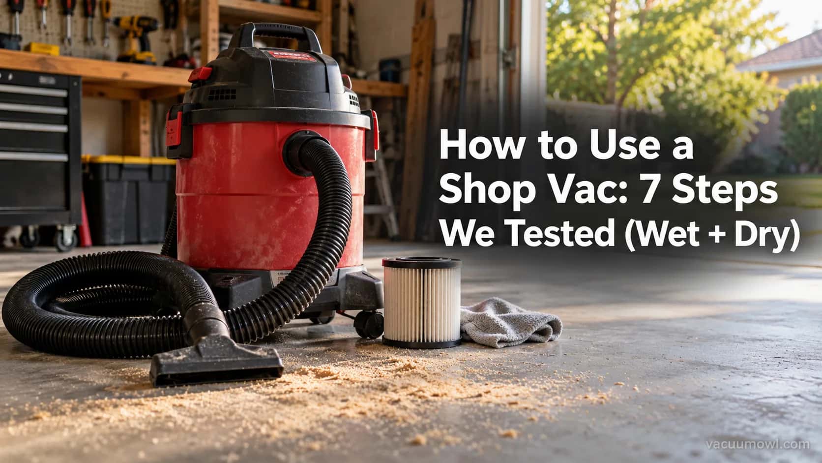 Red and black shop vac on a garage floor ready for a first cleaning job.
