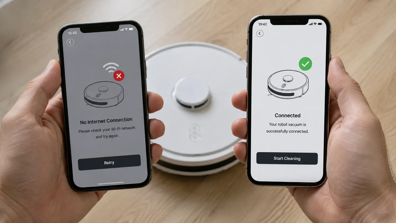 iHome robot vacuum No Internet error and successful Wi-Fi pairing screens