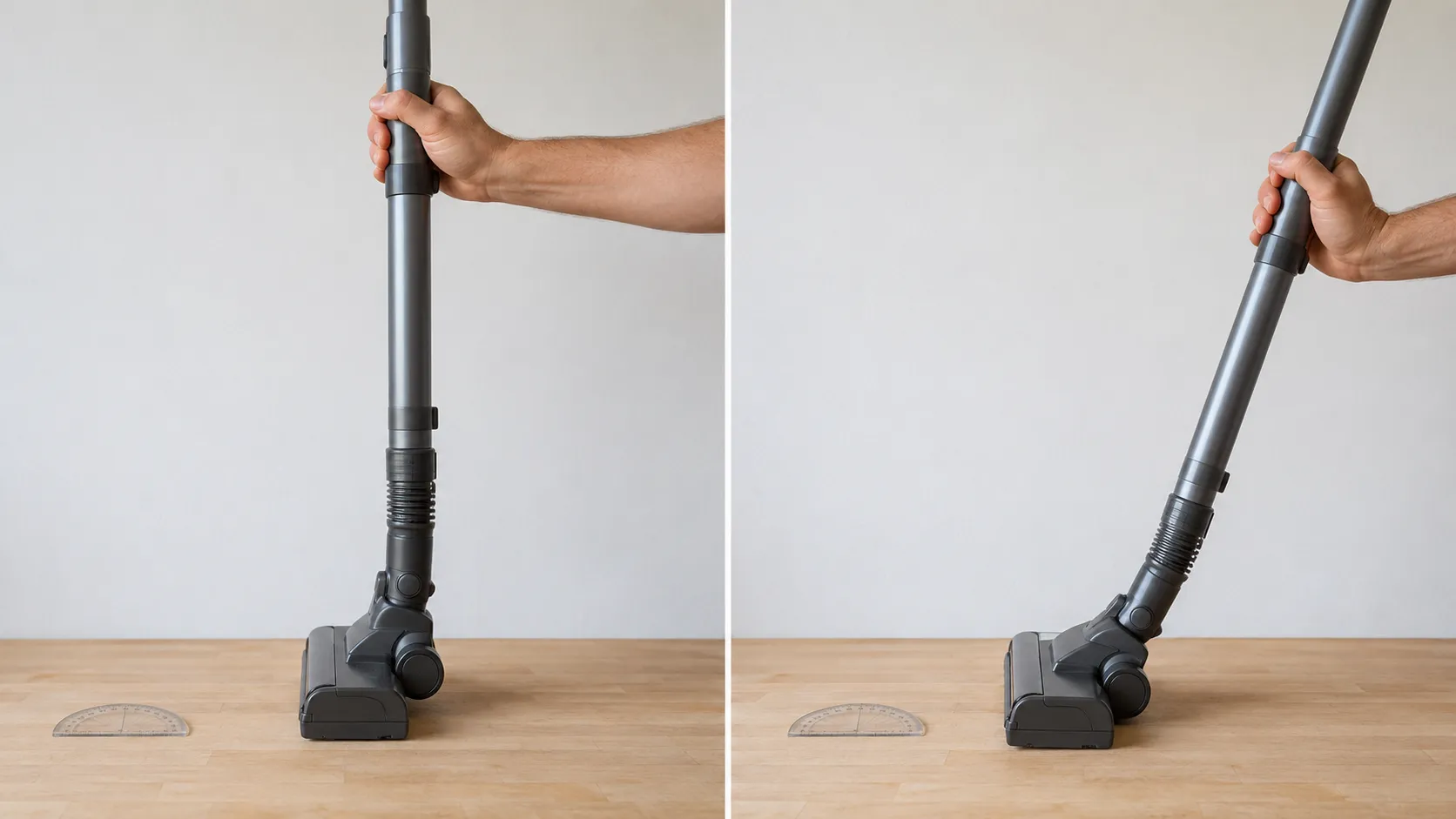 Side-by-side test of an Intuition vacuum wand showing the brush roll running upright and stopping when tilted past the failure point.