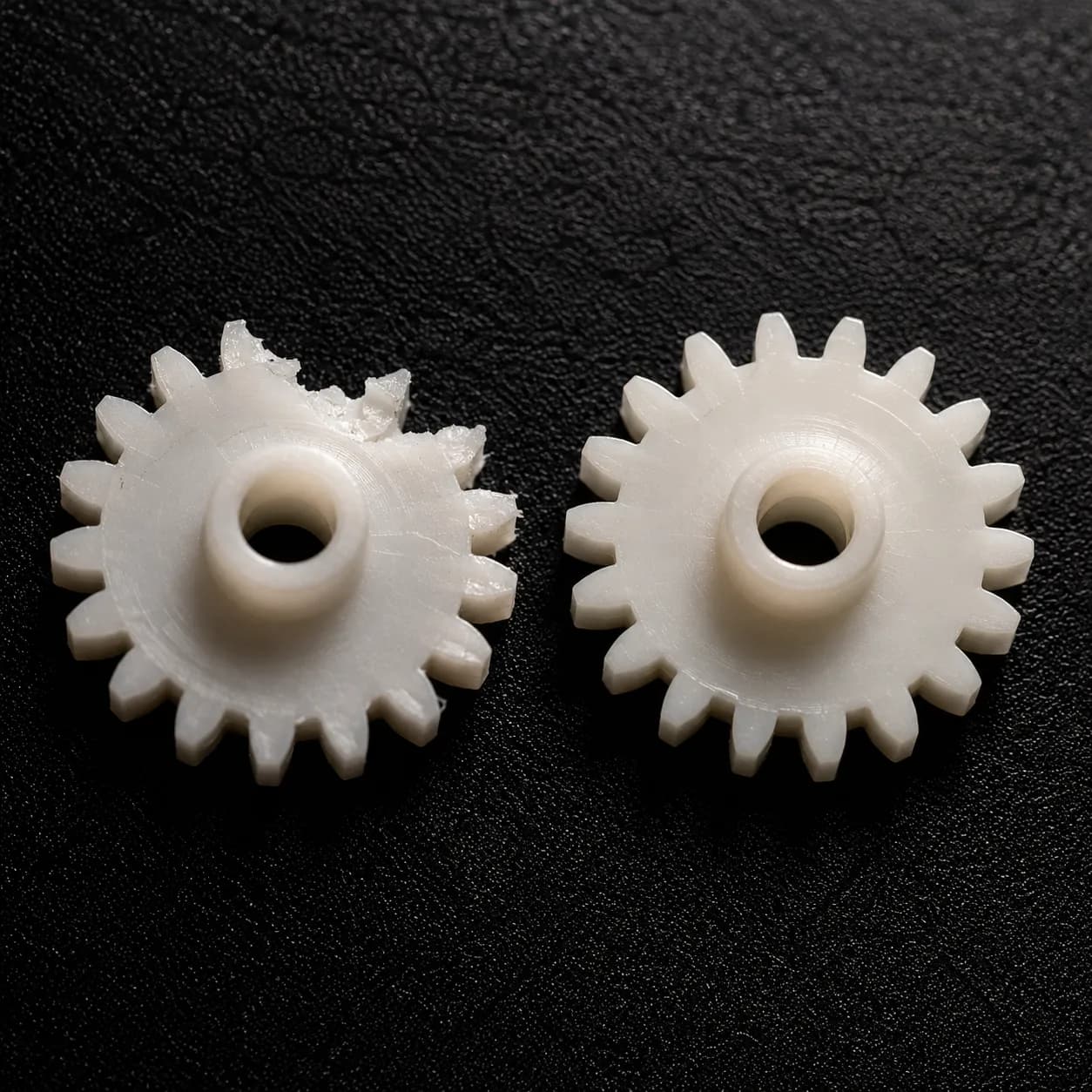 Macro comparison of a damaged upper drive gear with three missing teeth beside an intact gear from an iRobot Roomba 700 series robot vacuum on a dark matte surface.