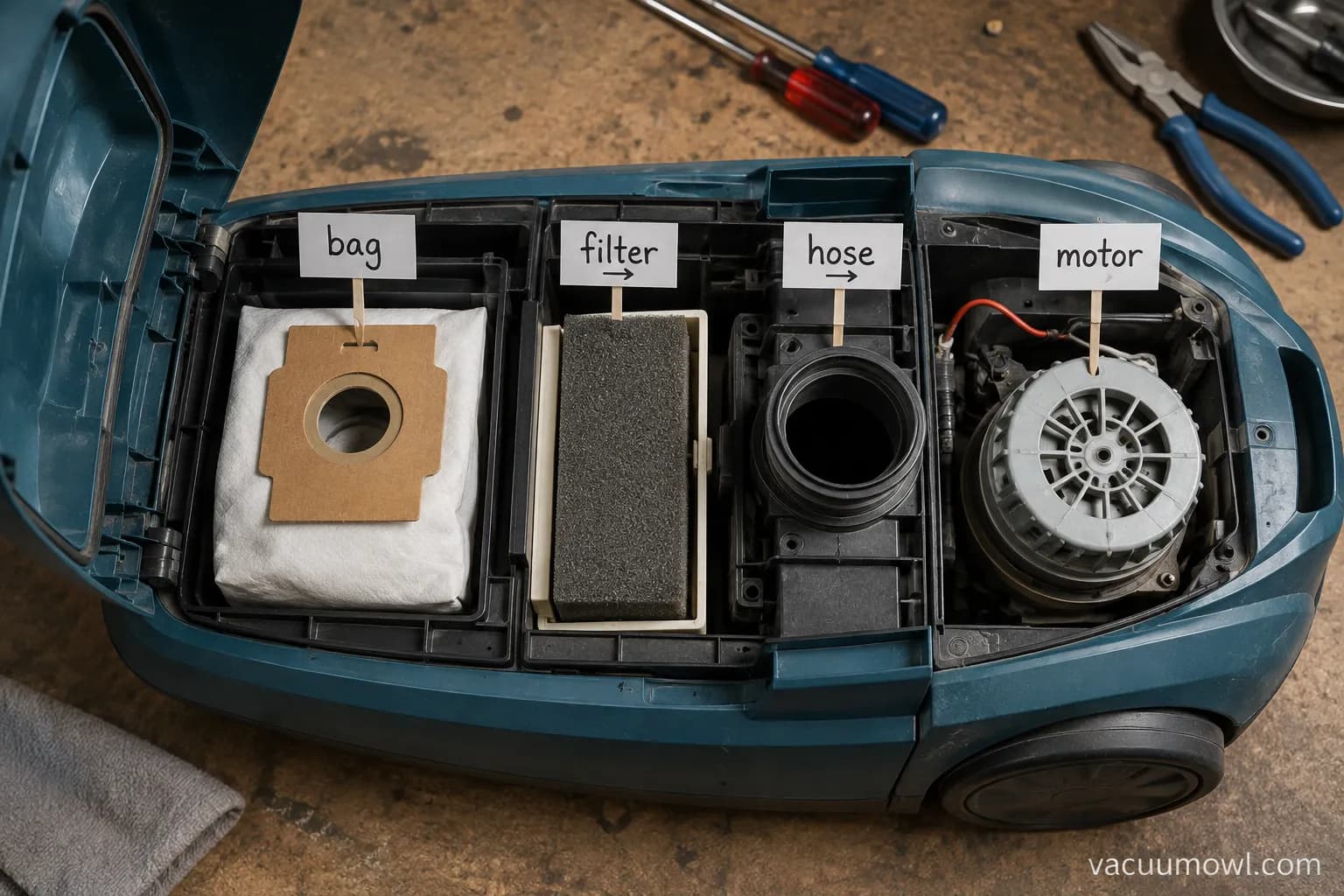 Opened Kenmore canister vacuum with airflow path labeled from bag through filters, hose, and motor.