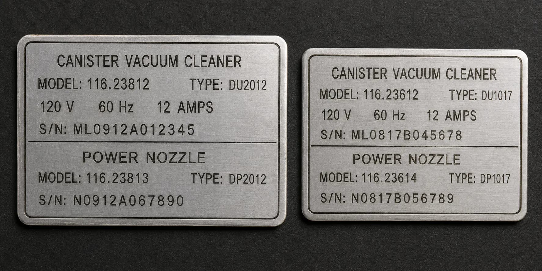 Two metal rating plates from Kenmore-style canister vacuums showing separate canister and power nozzle model numbers, with the power nozzle plate determining the correct replacement belt.