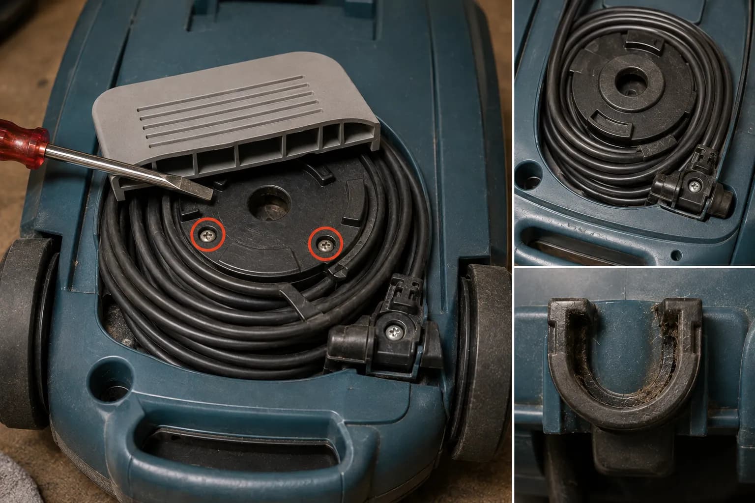 Kenmore cord retractor opened showing two hidden screws under the foot release and the cleared wand-release button.
