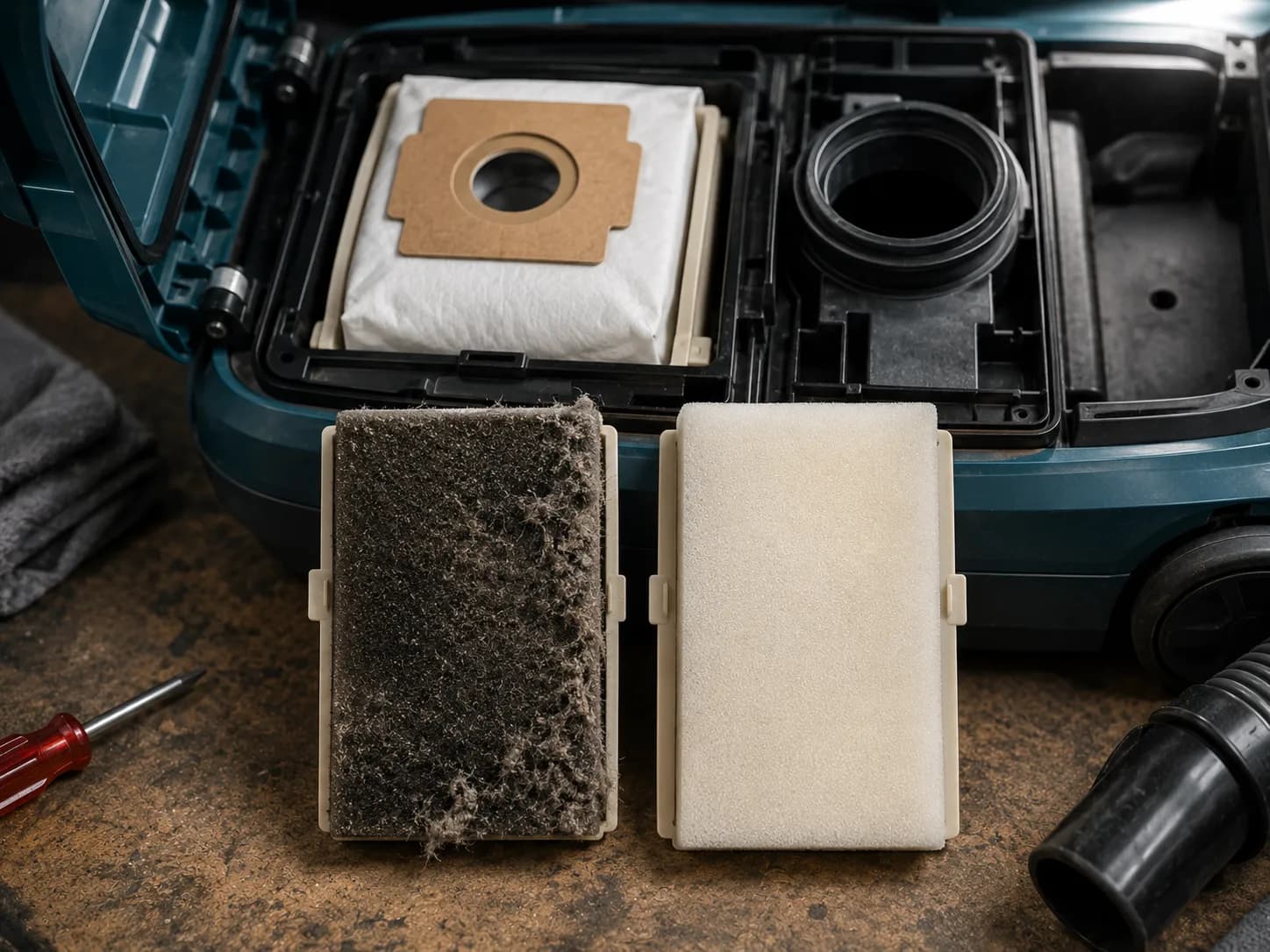 Dirty Kenmore pre-motor filter next to a clean one, with a correctly seated cardboard bag collar.