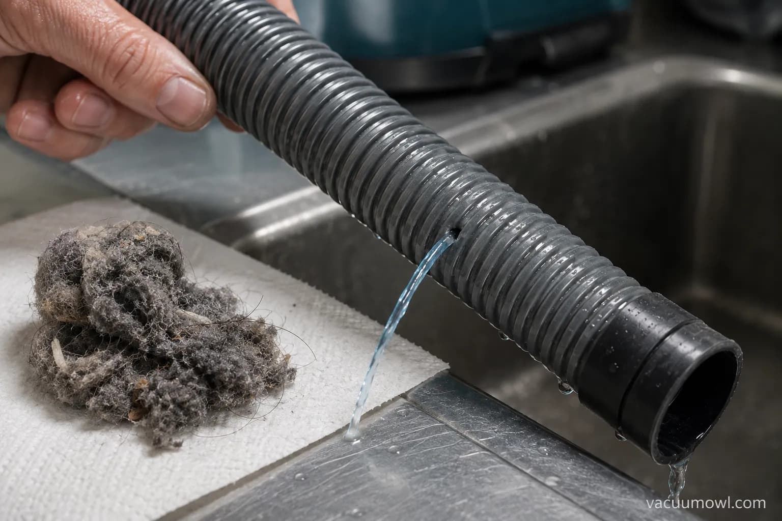 Debris removed from a Kenmore vacuum hose and a water test revealing a hidden pinhole leak.