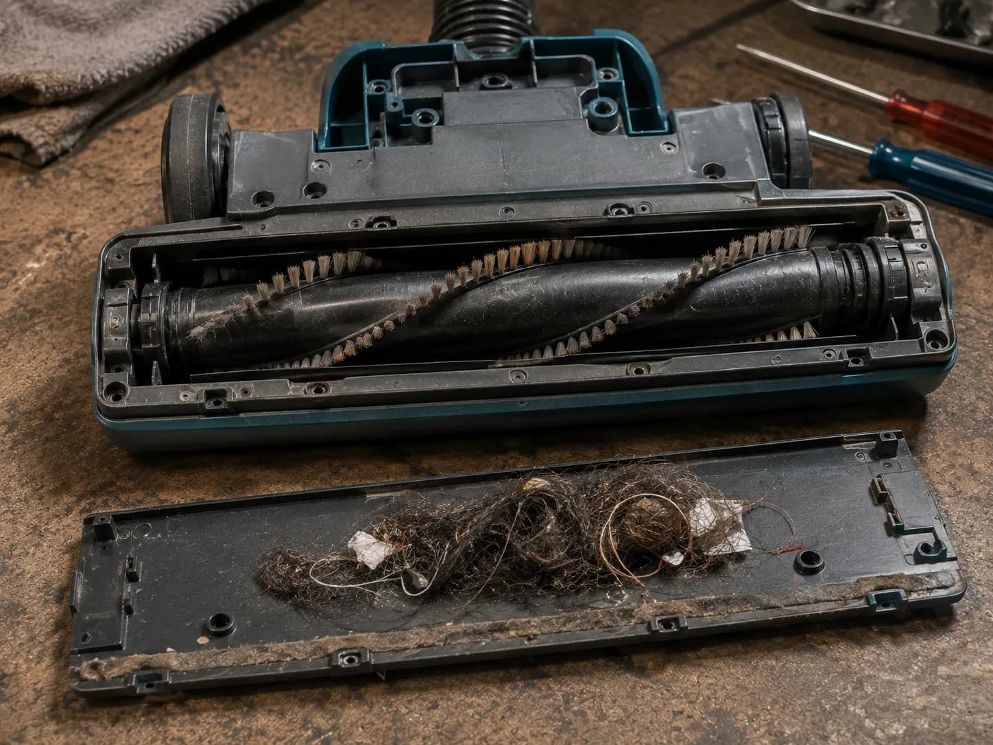 Opened Kenmore PowerMate nozzle with hair and debris removed from the brush roll.