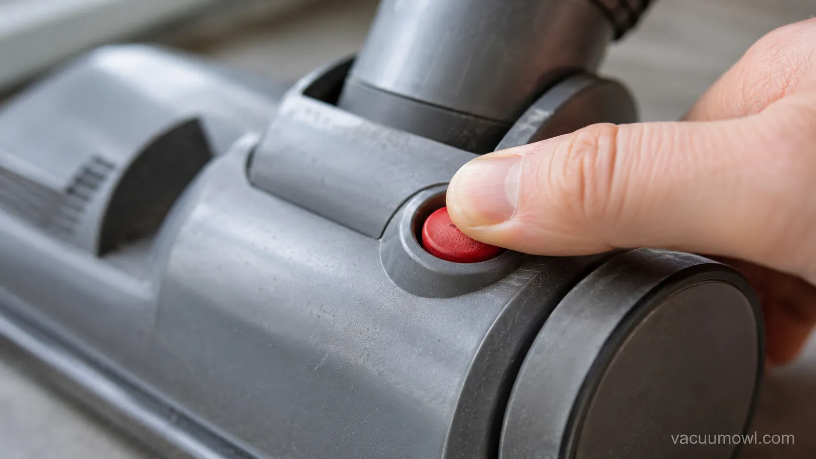 Red overload reset button on a Kenmore PowerMate power nozzle being pressed.