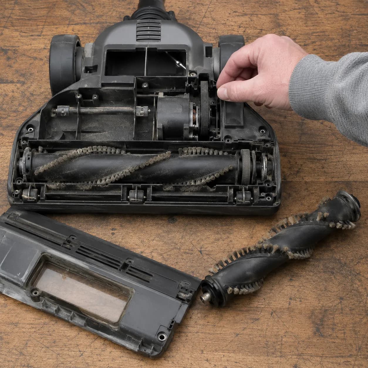 Canister vacuum power nozzle opened on a wooden workbench with the bottom cover and brush roll removed while a hand fits the drive belt onto the motor shaft after removing the headlight cover and hidd