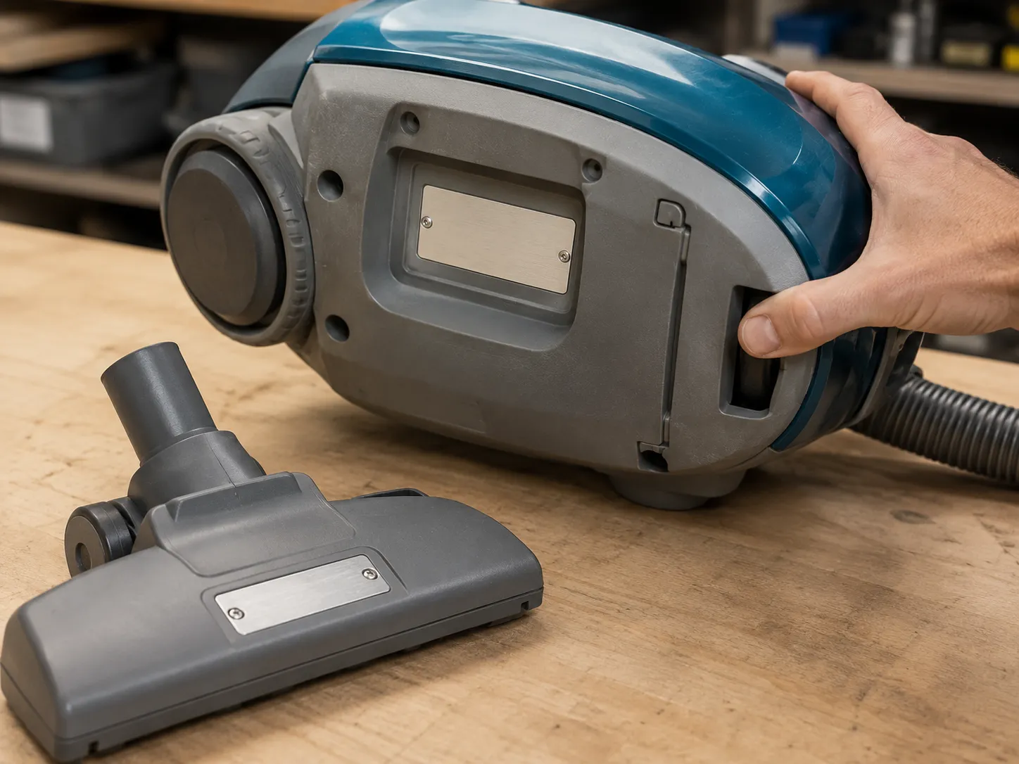 Hand tipping a Kenmore Progressive canister vacuum to reveal its underside model plate, with the separate power nozzle identification plate visible in the foreground.