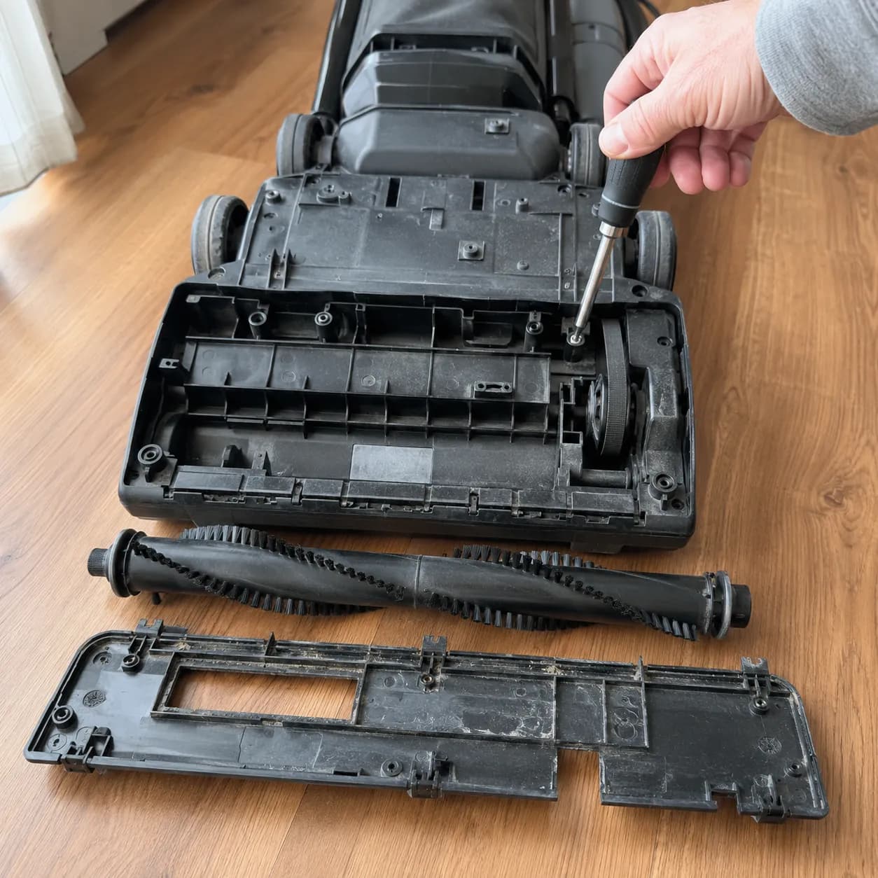 Upright vacuum with its base plate and brush roll removed while a hand uses a Phillips screwdriver during an 8-minute 40-second belt replacement.