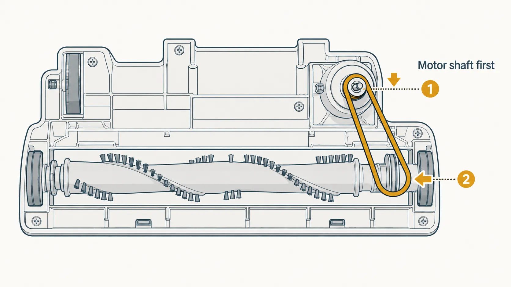 Technical diagram showing a vacuum drive belt fitted onto the motor shaft first, then stretched over the brush roll to complete installation.