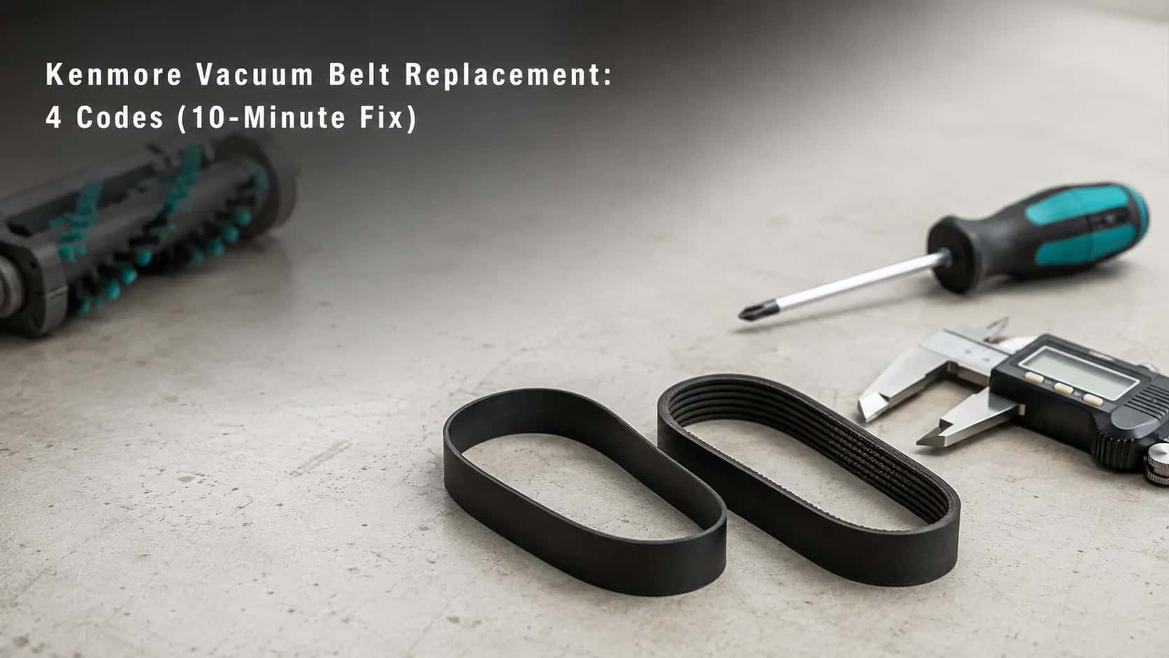 Two Kenmore-style vacuum drive belts on a pale grey workbench, one flat and one grooved, beside digital calipers and a Phillips screwdriver for identification.