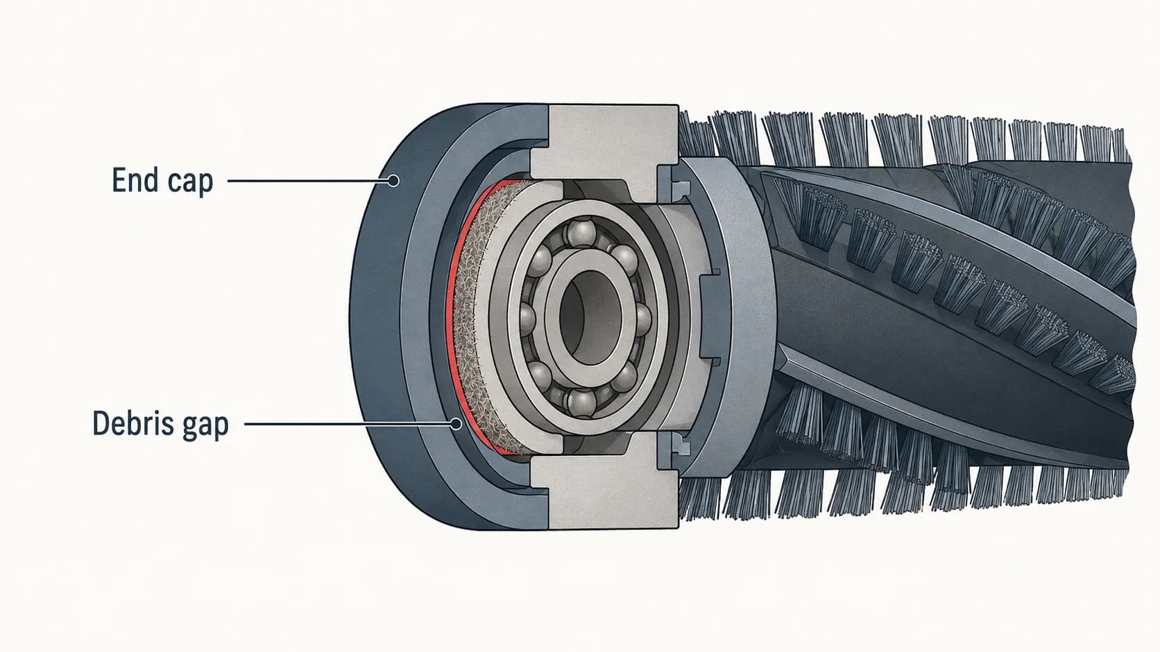 Technical cutaway diagram of a vacuum brushroll end showing the end cap and hidden debris gap where hair collects around the bearing behind the visible bristles.