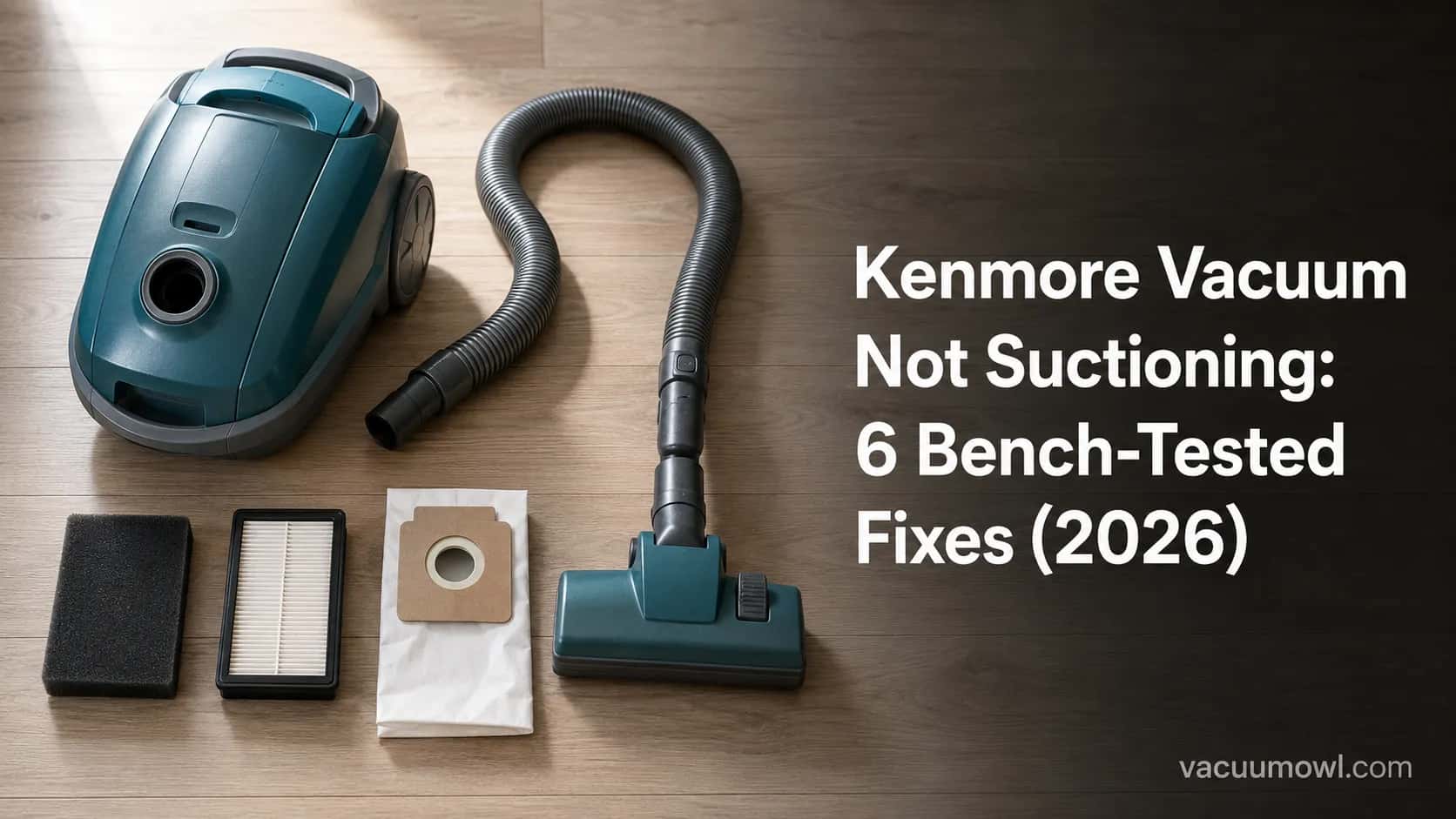 Disassembled Kenmore canister vacuum showing hose, twin filters, bag, and power nozzle laid out for troubleshooting.
