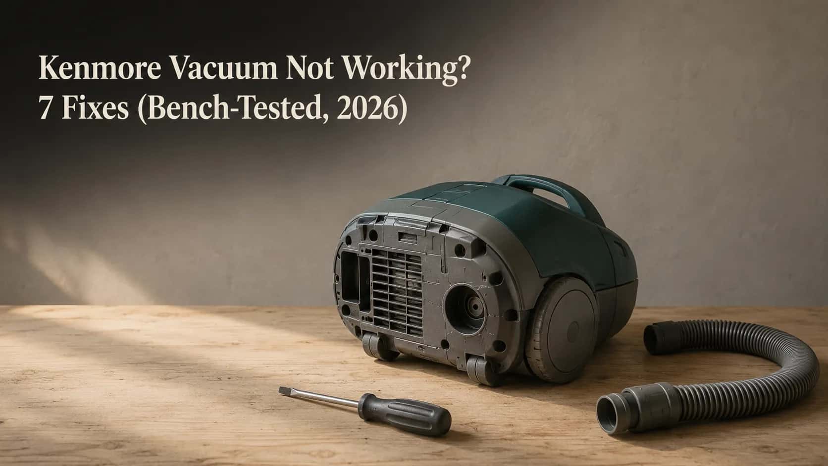 Kenmore canister vacuum tipped on its side on a workshop bench with the hose detached and a screwdriver nearby, illustrating seven bench-tested fixes for common faults.