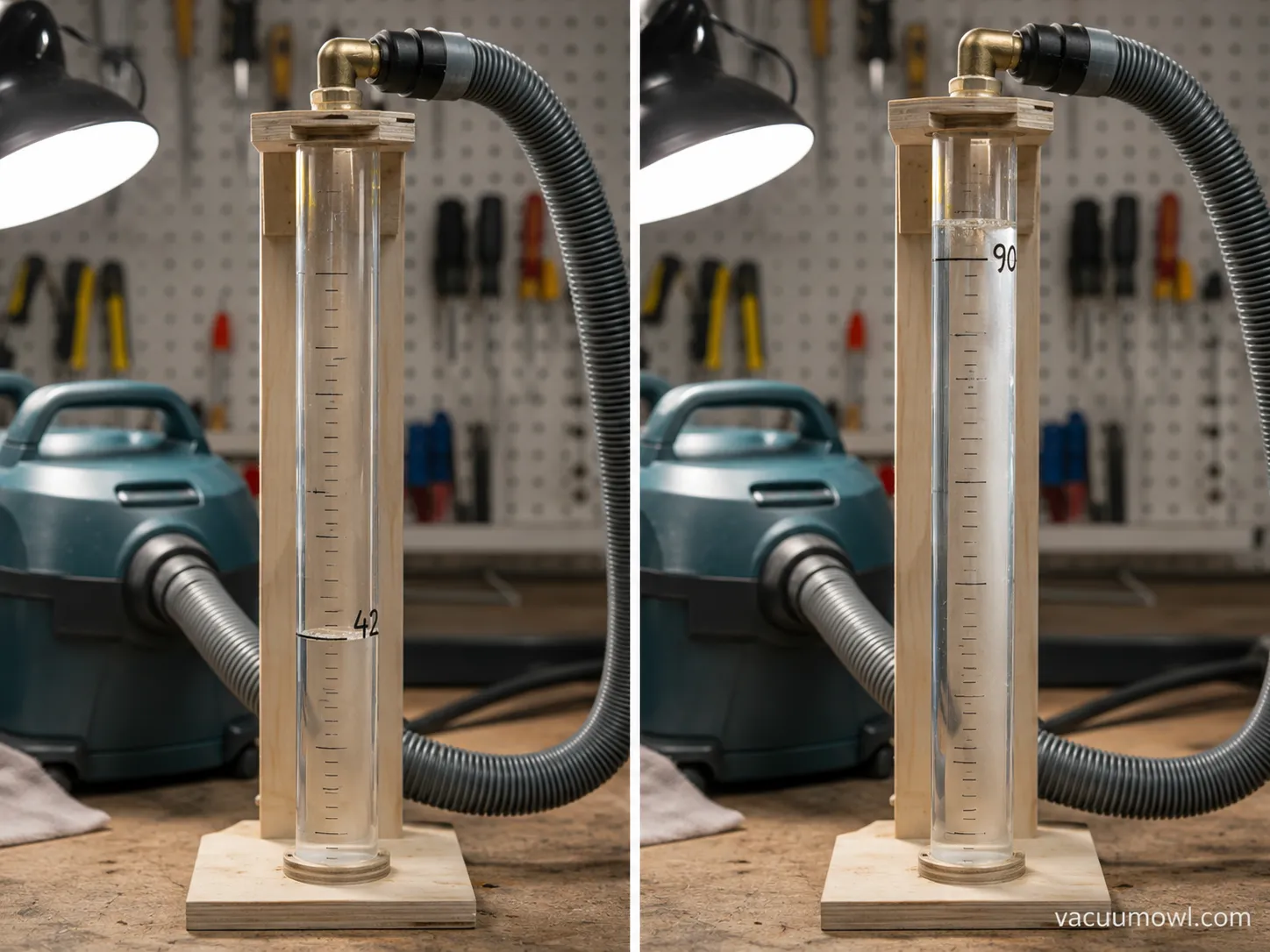 Water-lift gauge showing 42 inches before and 90 inches after clearing a Kenmore vacuum airflow path.