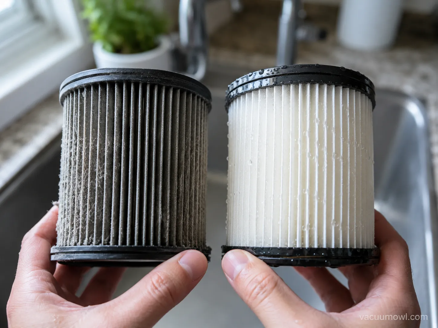 cat litter dust clogging a vacuum filter before and after rinsing