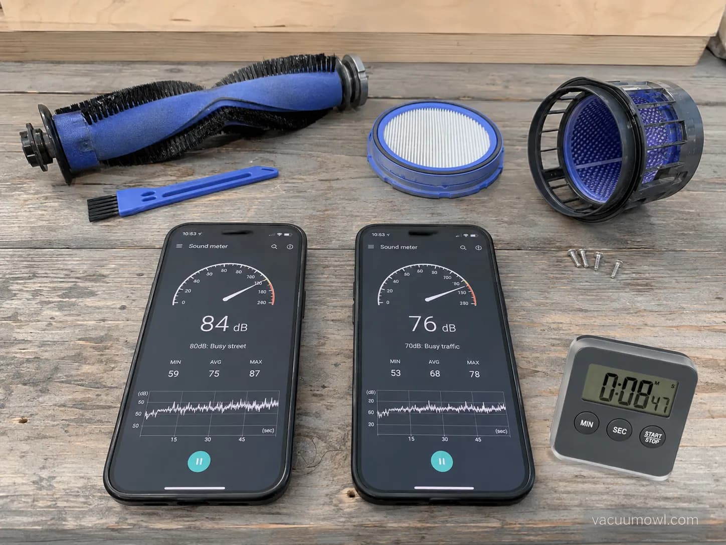 before and after decibel readings from a five-minute loud vacuum fix