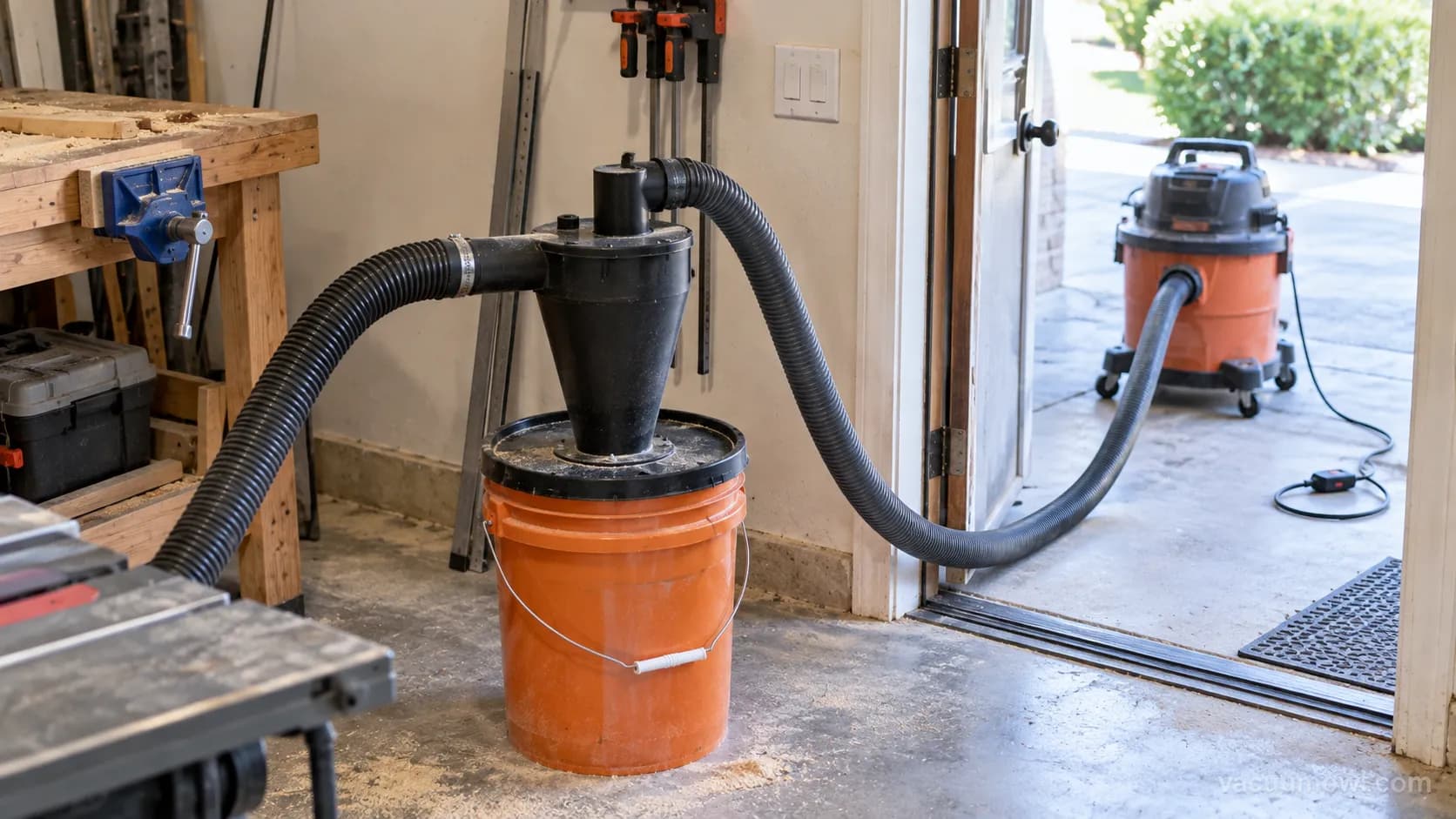 Shop vac with a cyclone separator and remoted motor to reduce noise.