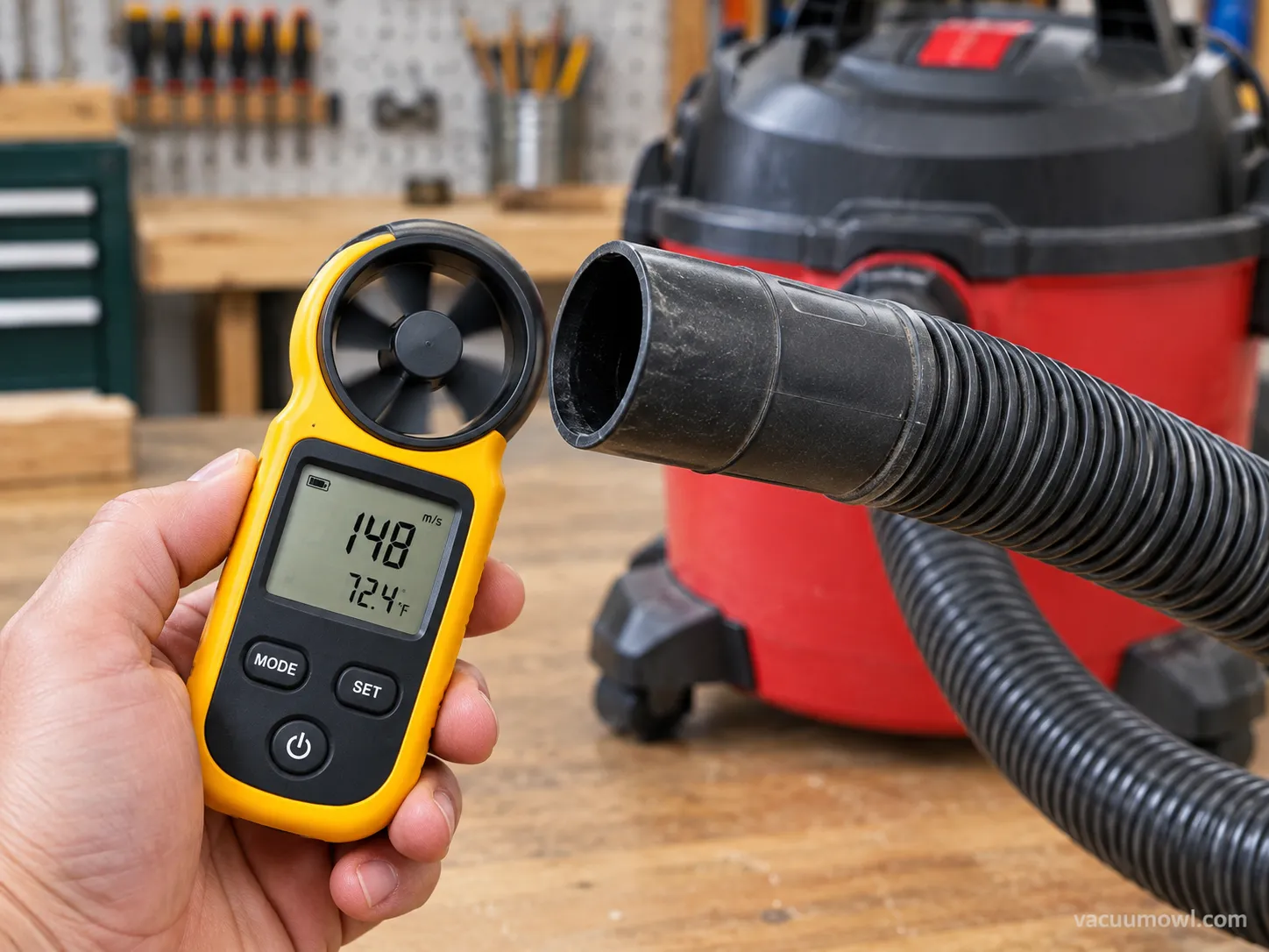 measuring airflow at a shop vac hose nozzle with an anemometer