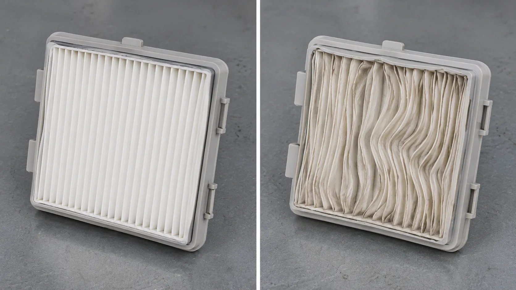 Side-by-side comparison of a new pleated vacuum post-motor filter and the same filter after washing, showing permanently collapsed and warped pleats.