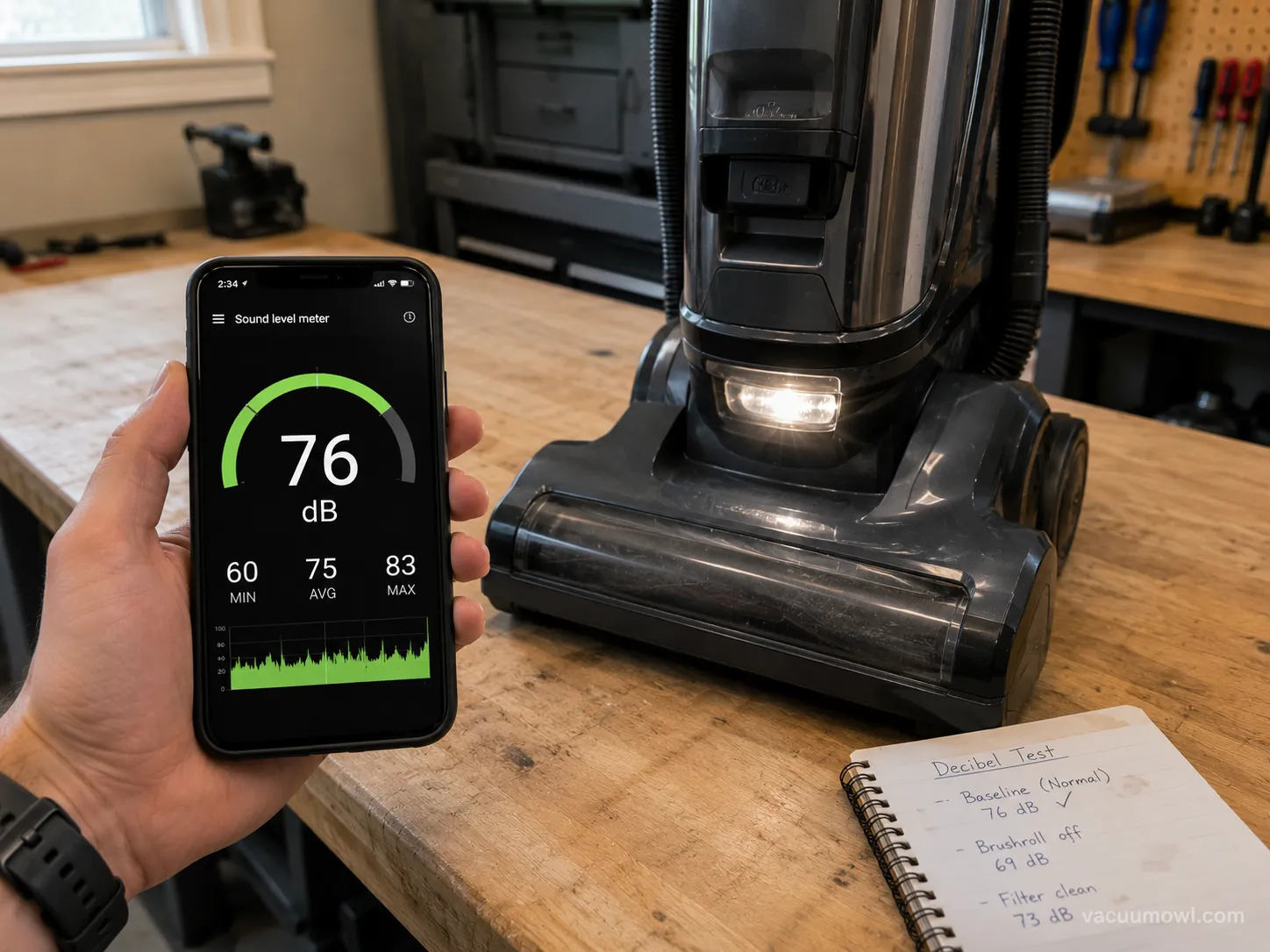 measuring a normal upright vacuum at 76 decibels with a phone meter app