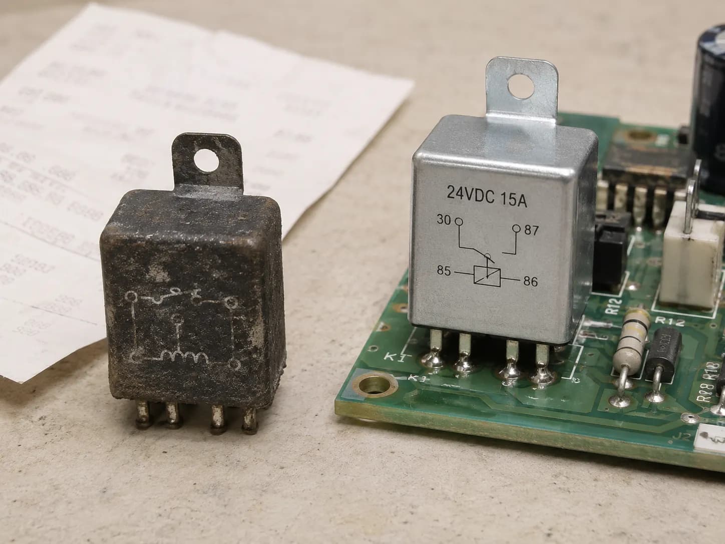 Old welded relay beside a new 24V 15A replacement soldered onto a NuTone VX550 control board with a parts receipt in the background.