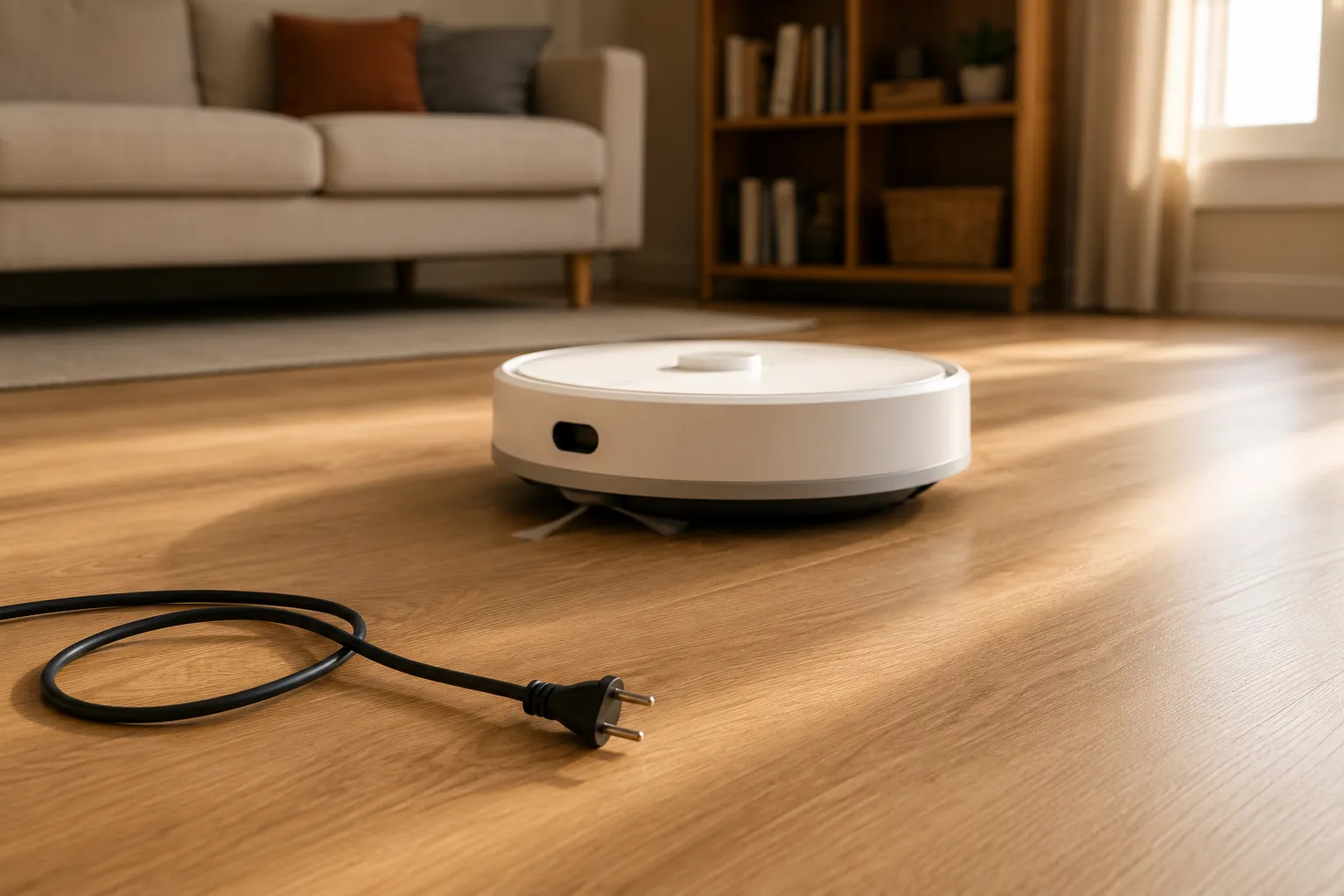 White robot vacuum running a full offline cleaning cycle on a light wood floor with the router power cable unplugged in the foreground, demonstrating that an offline Roomba can clean without an intern