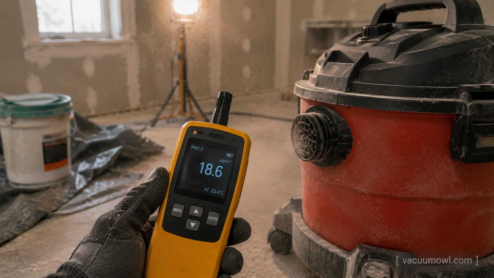 Handheld particle counter measuring airborne dust near a shop vac exhaust during drywall work.