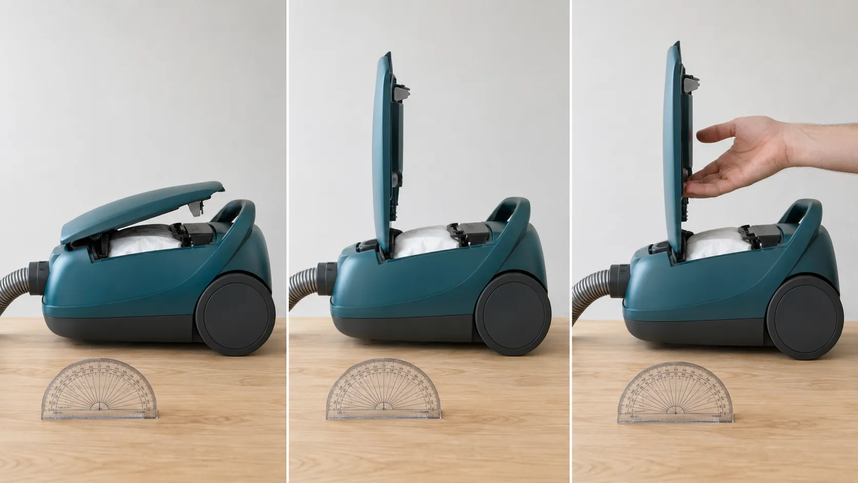 Three-panel test sequence showing a Progressive bagged canister vacuum lid at the safe opening angle, fully upright at the jam point, and being released by hand near the hinge.