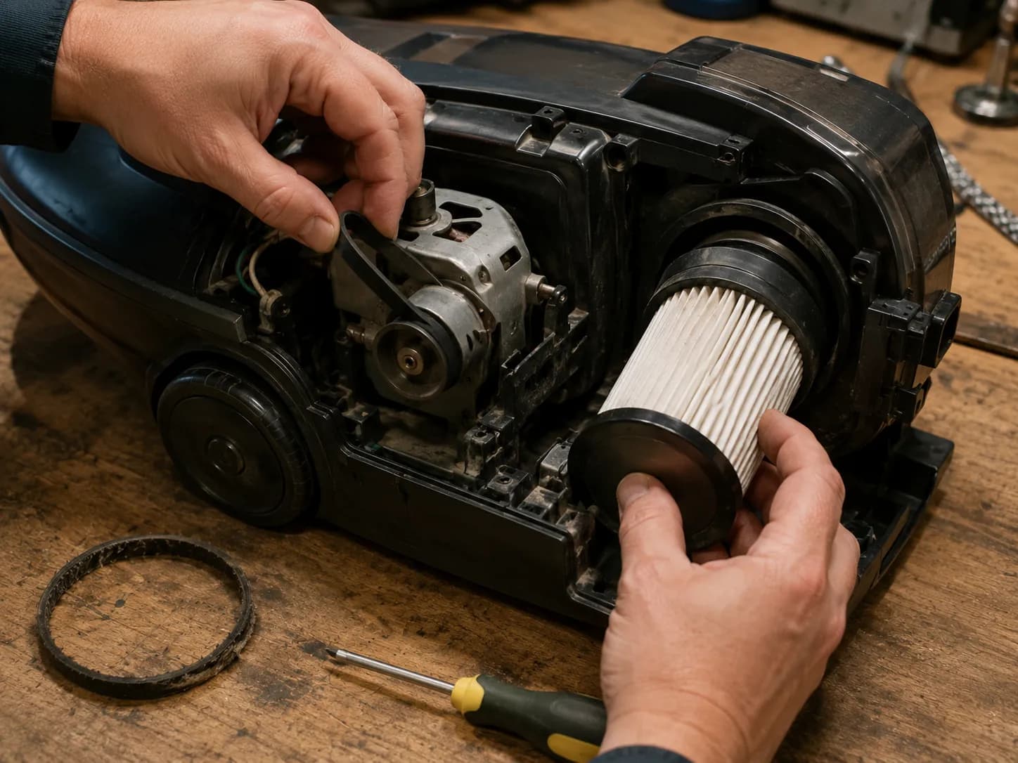 Hands replacing the belt and HEPA neutralizer on a Rainbow canister vacuum during a DIY repair.