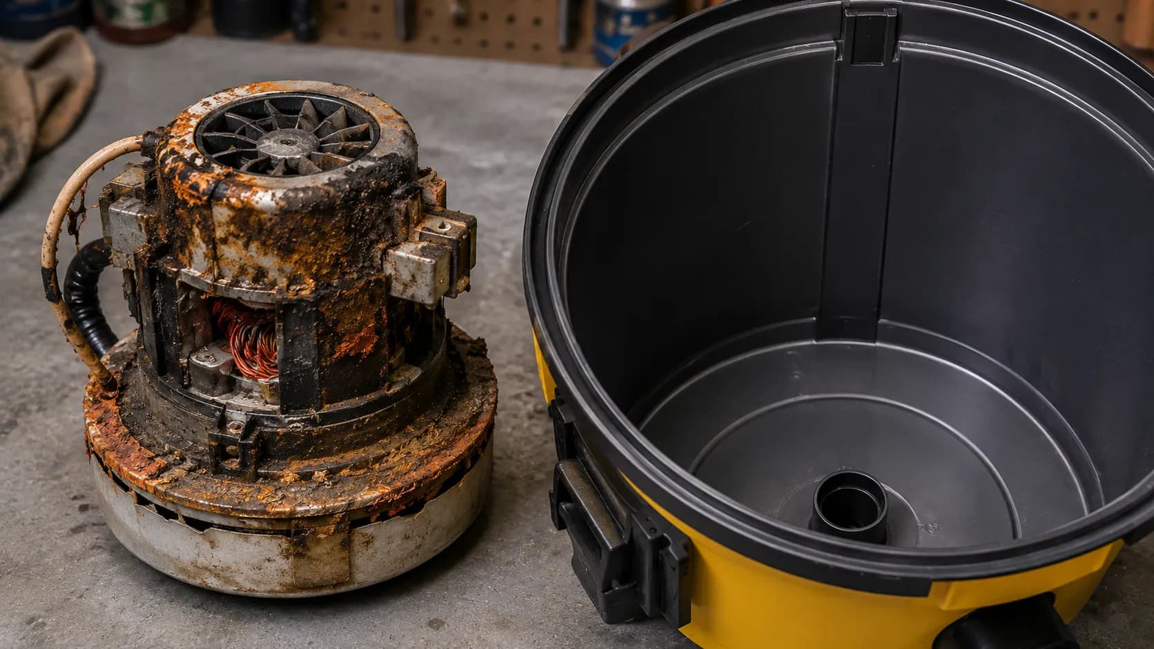Corroded household vacuum motor beside the clean sealed drum of a wet dry vacuum showing why water ruins a regular vacuum.