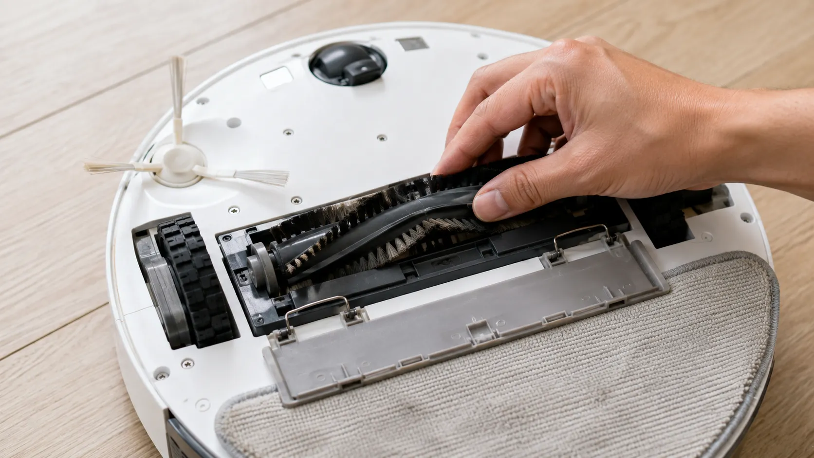 Reseating a robot vacuum brush module to clear a brush error.