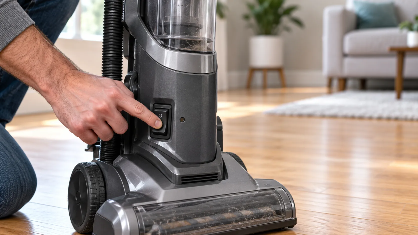 Hand pressing a vacuum power button that won’t turn on before a thermal reset.