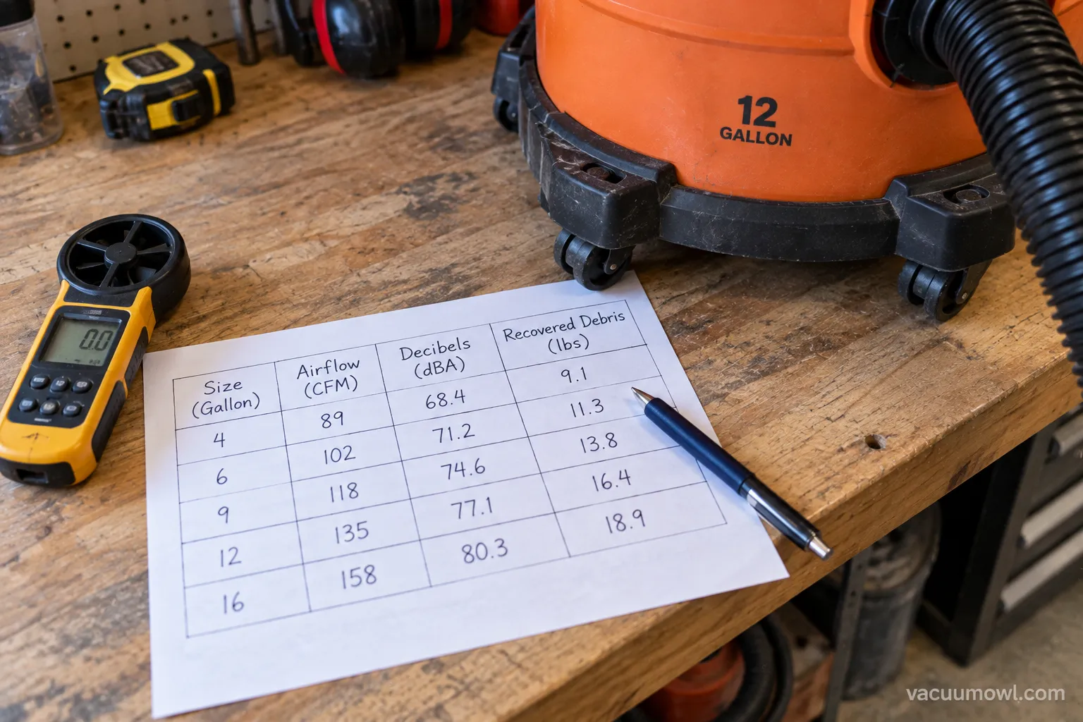 Testing RIDGID shop vac airflow and recording measured data for each NXT size
