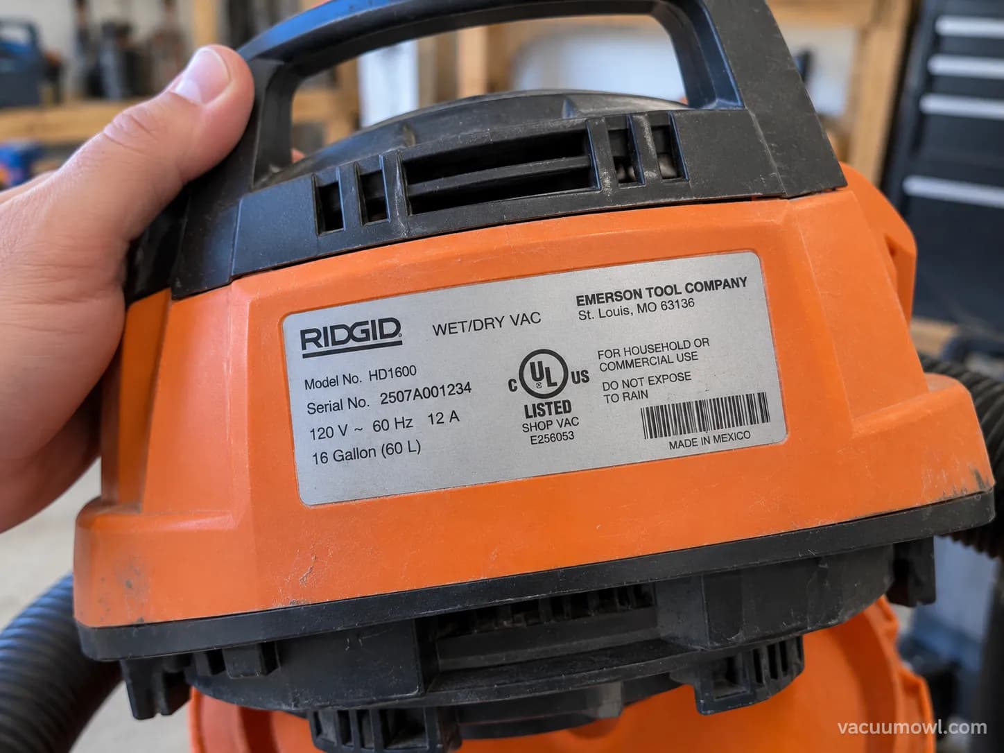 RIDGID shop vac powerhead label showing Emerson Tool Company as the maker