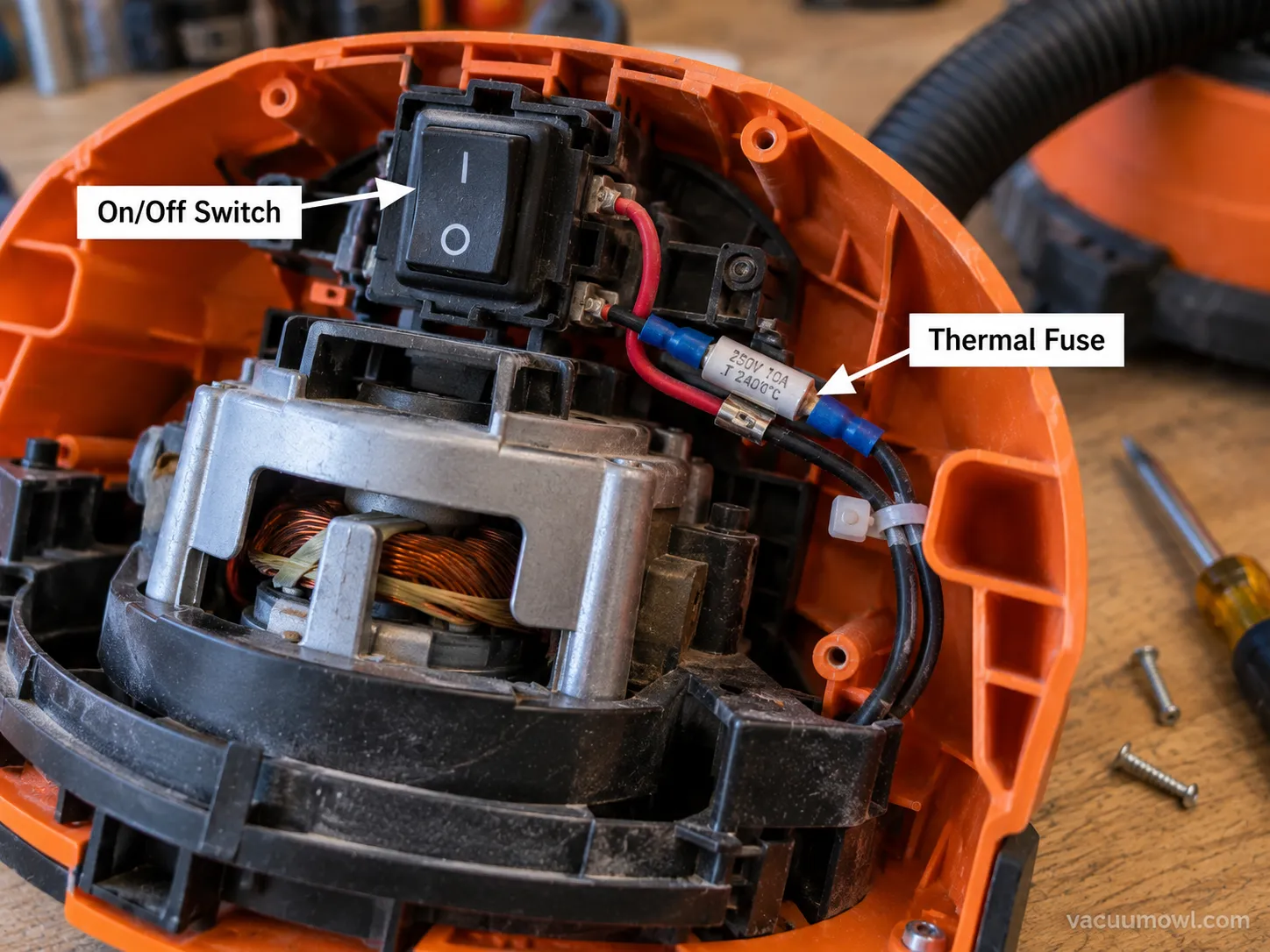 Inside a RIDGID shop vac powerhead showing the on/off switch and thermal fuse