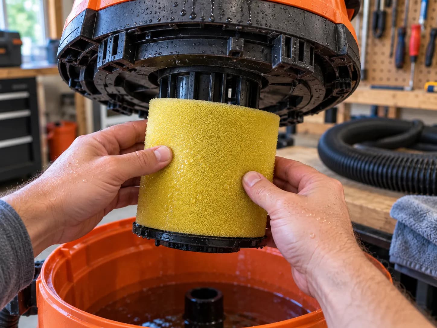 RIDGID shop vac wet foam filter sleeve installed for water pickup