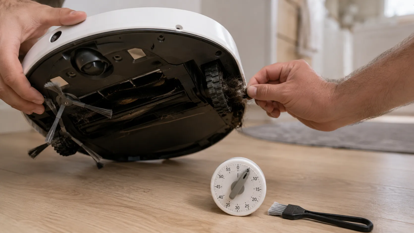hand freeing a jammed robot vacuum wheel during a 5-minute reset check
