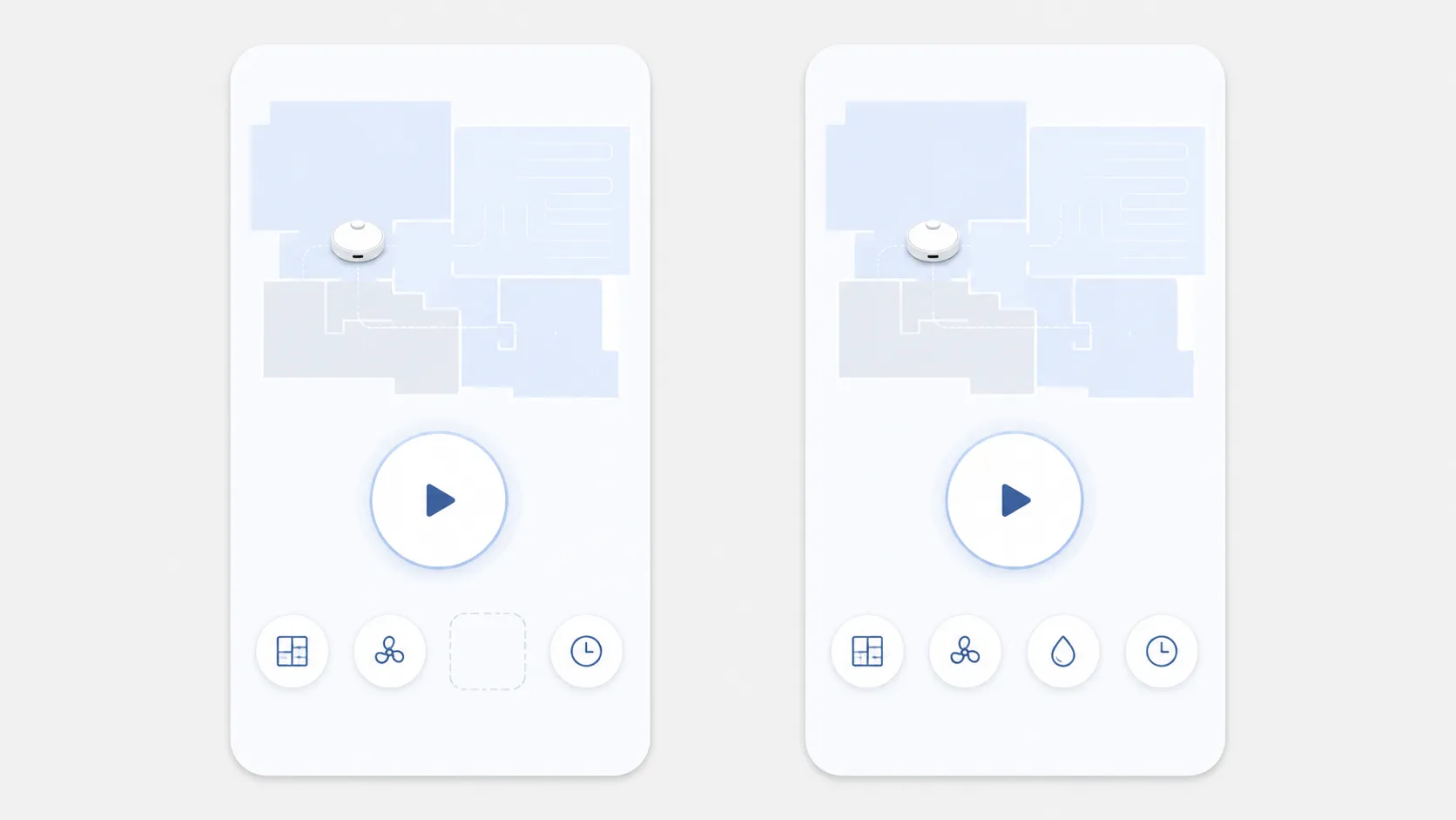 Side-by-side robot vacuum app screens showing the Empty Bin control missing on the left and restored on the right after cleaning the sensor with canned air.