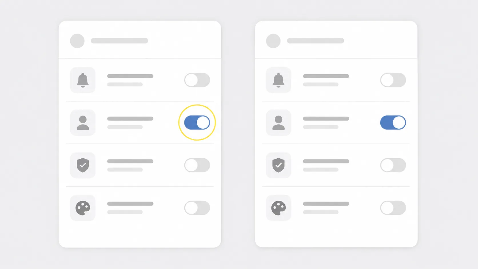 Two robot vacuum app settings screens shown side by side, with the key toggle switch circled in yellow on the left screen.