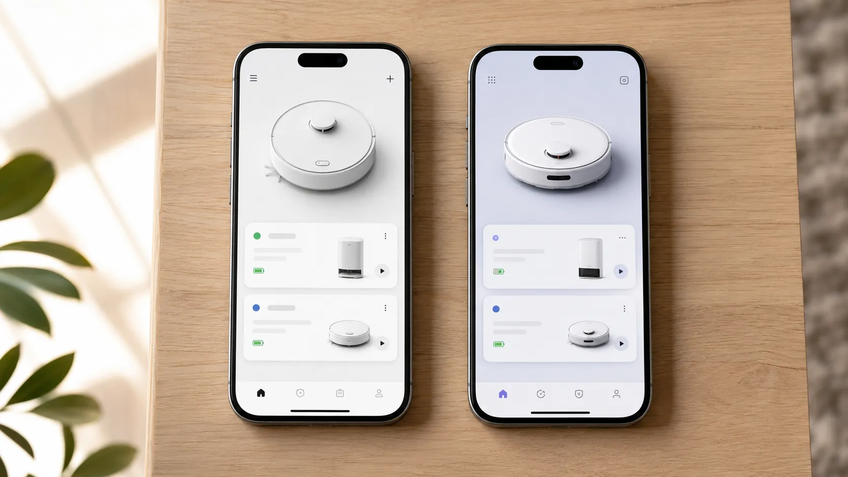 Two smartphones displaying different robot vacuum app interfaces linked to the same account and showing multiple devices.