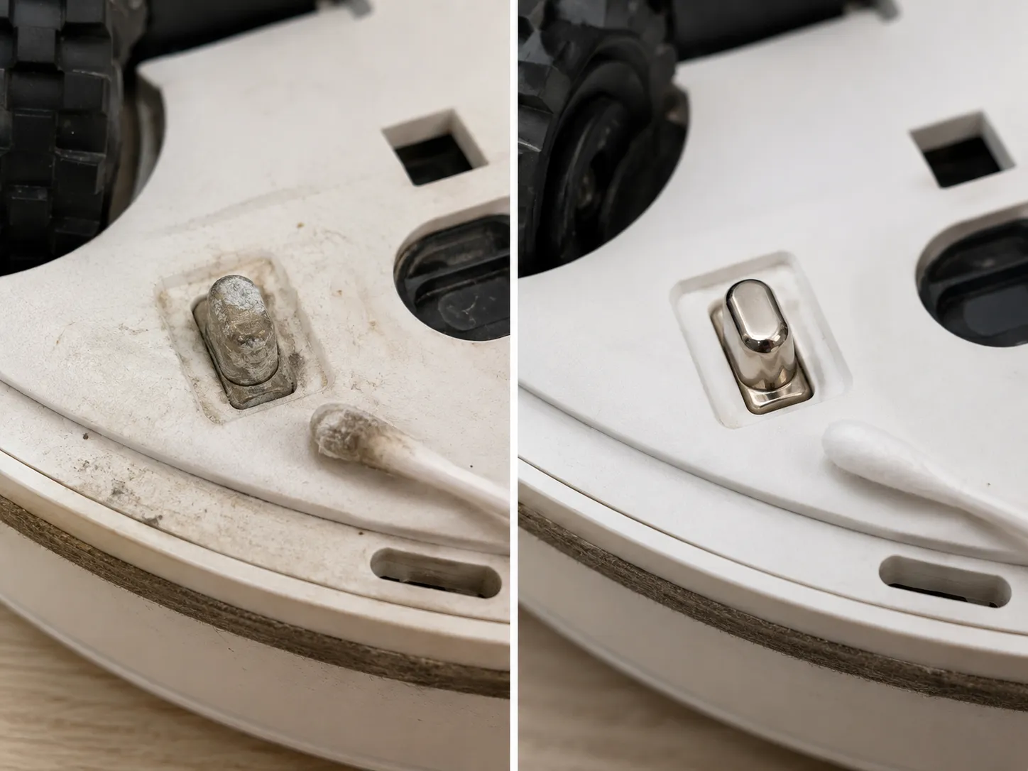 dirty vs cleaned robot vacuum dock charge contacts before and after