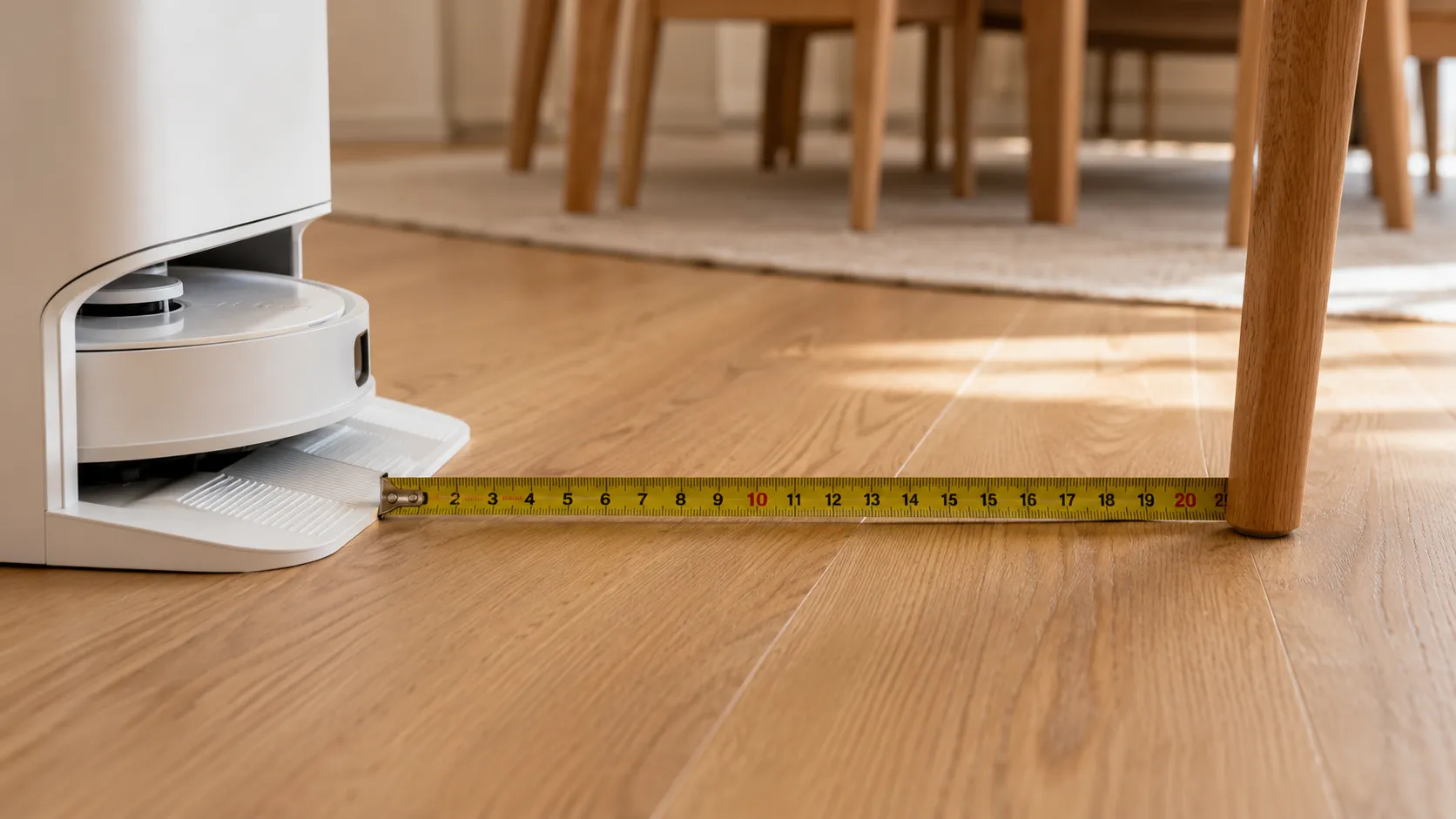 Robot vacuum docked at its charging base with a yellow tape measure showing the floor clearance needed to leave the station.