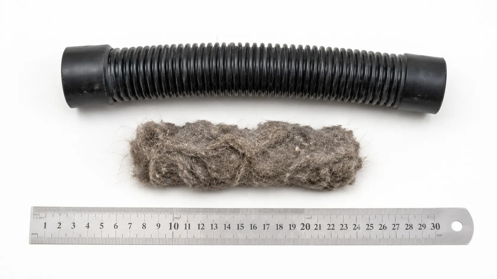 Overhead view of a robot vacuum dock hose, the compacted dust and pet-hair clog removed from it, and a steel ruler placed alongside for scale.