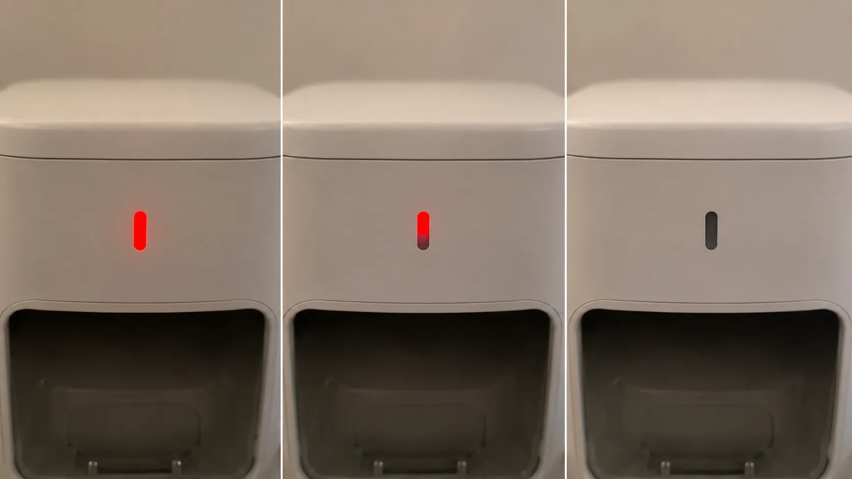 Three-panel close-up of the same robot vacuum dock showing a solid red indicator, a dim blinking red light and the normal unlit state.